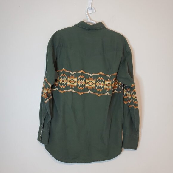 Vintage 90s Wrangler Aztec Pearl Snap Button Up Shirt Green Size L - Picture 2 of 6